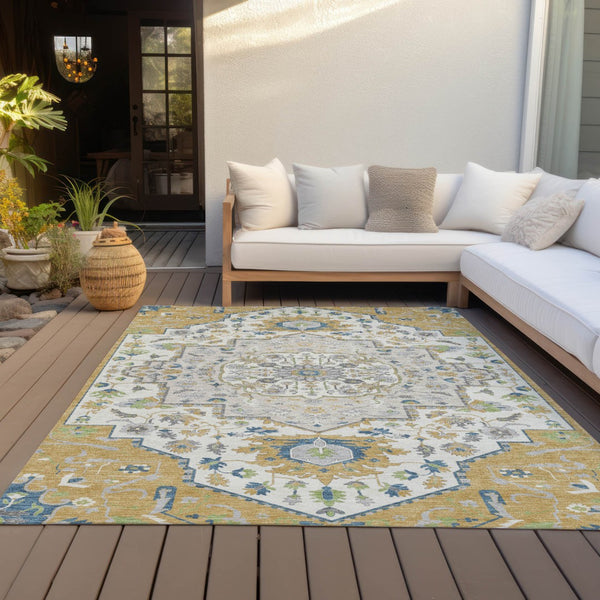 Homeroots 3' Artichoke Green Blue And Ivory Oriental Washable Area Rug For Indoor Or Outdoor Use, Durable Design 5' X 8' Polyester 596627