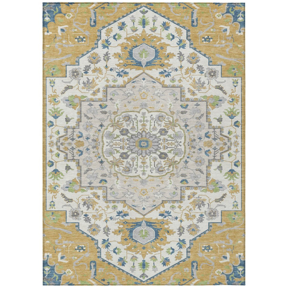 HomeRoots 5' Elegant Gold, Ivory & Blue Oriental Rug - Versatile Indoor/Outdoor Area Rug for Easy Care & Style 5' X 8' 596627