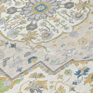 Homeroots 3' Artichoke Green Blue And Ivory Oriental Washable Area Rug For Indoor Or Outdoor Use, Durable Design 5' X 8' Polyester 596627