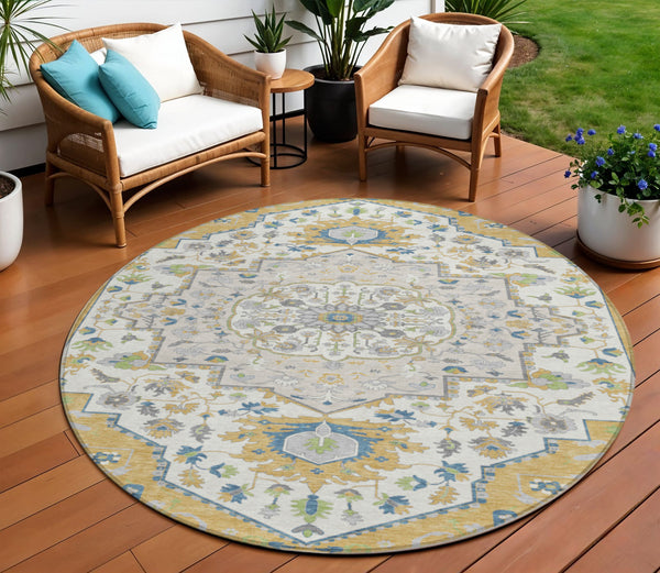 Homeroots 3' Artichoke Green Blue And Ivory Oriental Washable Area Rug For Indoor Or Outdoor Use, Durable Design 8' Round Polyester 596628