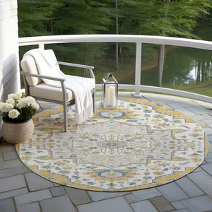 Homeroots 3' Artichoke Green Blue And Ivory Oriental Washable Area Rug For Indoor Or Outdoor Use, Durable Design 8' Round Polyester 596628