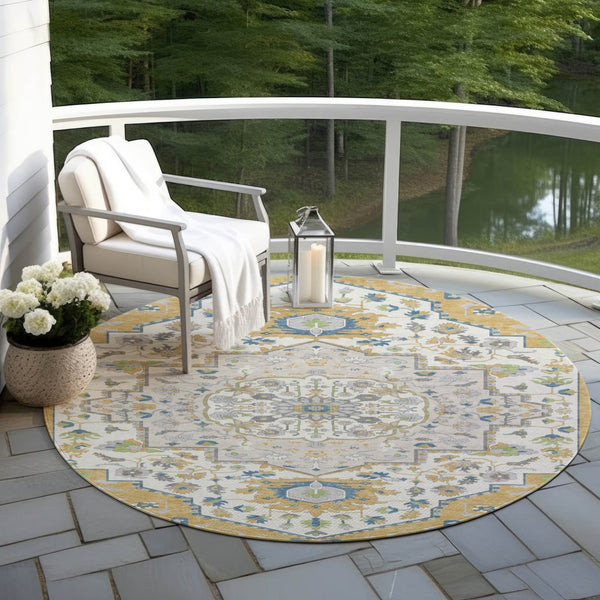 Homeroots 3' Artichoke Green Blue And Ivory Oriental Washable Area Rug For Indoor Or Outdoor Use, Durable Design 8' Round Polyester 596628