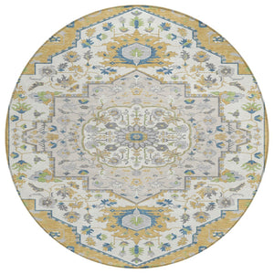 HomeRoots 5' Elegant Gold, Ivory & Blue Oriental Rug - Versatile Indoor/Outdoor Area Rug for Easy Care & Style 8' Round 596628
