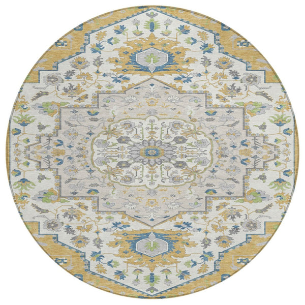 HomeRoots 5' Elegant Gold, Ivory & Blue Oriental Rug - Versatile Indoor/Outdoor Area Rug for Easy Care & Style 8' Round 596628