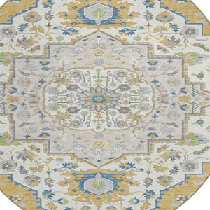 Homeroots 3' Artichoke Green Blue And Ivory Oriental Washable Area Rug For Indoor Or Outdoor Use, Durable Design 8' Round Polyester 596628