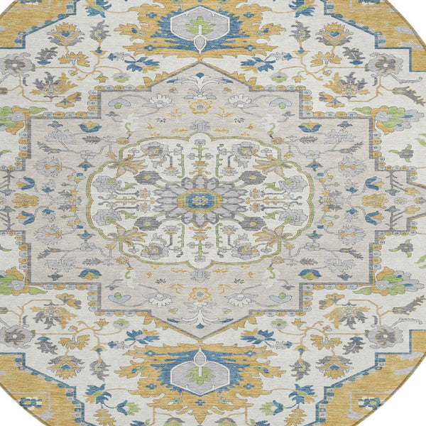 Homeroots 3' Artichoke Green Blue And Ivory Oriental Washable Area Rug For Indoor Or Outdoor Use, Durable Design 8' Round Polyester 596628