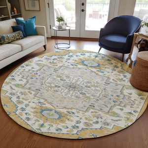 Homeroots 3' Artichoke Green Blue And Ivory Oriental Washable Area Rug For Indoor Or Outdoor Use, Durable Design 8' Round Polyester 596628