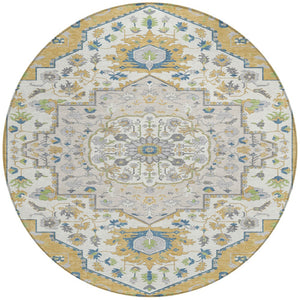 Homeroots 3' Artichoke Green Blue And Ivory Oriental Washable Area Rug For Indoor Or Outdoor Use, Durable Design 8' Round Polyester 596628