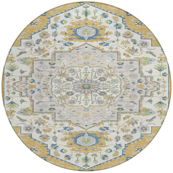 Homeroots 3' Artichoke Green Blue And Ivory Oriental Washable Area Rug For Indoor Or Outdoor Use, Durable Design 8' Round Polyester 596628