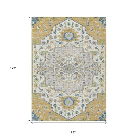 Homeroots 3' Artichoke Green Blue And Ivory Oriental Washable Area Rug For Indoor Or Outdoor Use, Durable Design 8' X 10' Polyester 596629