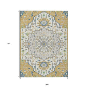 Homeroots 3' Artichoke Green Blue And Ivory Oriental Washable Area Rug For Indoor Or Outdoor Use, Durable Design 9' X 12' Polyester 596630