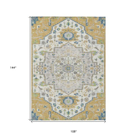 Homeroots 3' Artichoke Green Blue And Ivory Oriental Washable Area Rug For Indoor Or Outdoor Use, Durable Design 9' X 12' Polyester 596630