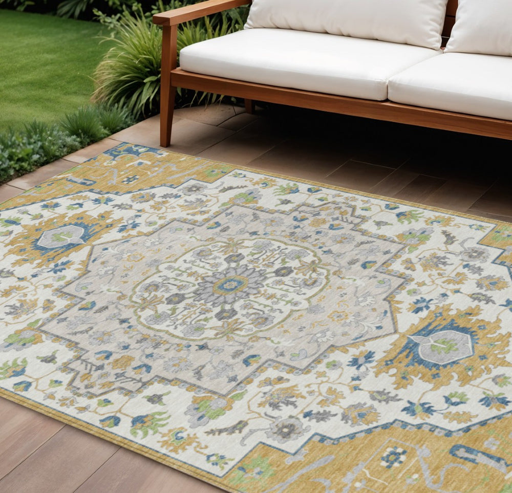 HomeRoots 9' X 12' Gold Ivory and Blue Oriental Rug – Stylish, Washable, Durable for Indoor & Outdoor Spaces! 596630