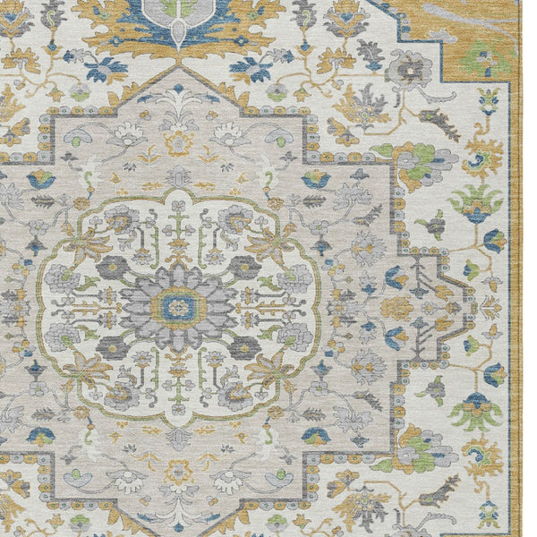 Homeroots 3' Artichoke Green Blue And Ivory Oriental Washable Area Rug For Indoor Or Outdoor Use, Durable Design 9' X 12' Polyester 596630