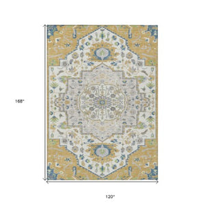 Homeroots 3' Artichoke Green Blue And Ivory Oriental Washable Area Rug For Indoor Or Outdoor Use, Durable Design 10' X 14' Polyester 596631
