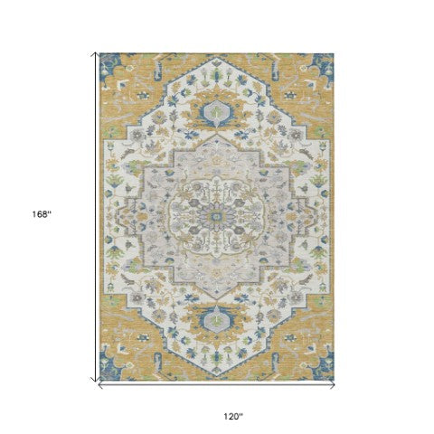 Homeroots 3' Artichoke Green Blue And Ivory Oriental Washable Area Rug For Indoor Or Outdoor Use, Durable Design 10' X 14' Polyester 596631