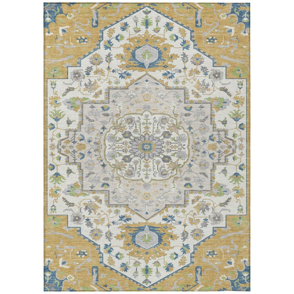 HomeRoots 5' Elegant Gold, Ivory & Blue Oriental Rug - Versatile Indoor/Outdoor Area Rug for Easy Care & Style 10' X 14' 596631