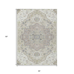 Homeroots 3' Artichoke Green Blue And Ivory Oriental Washable Area Rug For Indoor Or Outdoor Use, Durable Design 3' X 5' Polyester 596632