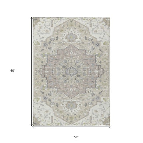 Homeroots 3' Artichoke Green Blue And Ivory Oriental Washable Area Rug For Indoor Or Outdoor Use, Durable Design 3' X 5' Polyester 596632