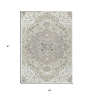 Homeroots 3' Artichoke Green Blue And Ivory Oriental Washable Area Rug For Indoor Or Outdoor Use, Durable Design 5' X 8' Polyester 596633
