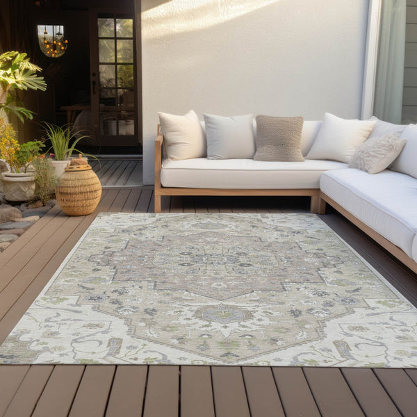 Homeroots 3' Artichoke Green Blue And Ivory Oriental Washable Area Rug For Indoor Or Outdoor Use, Durable Design 5' X 8' Polyester 596633