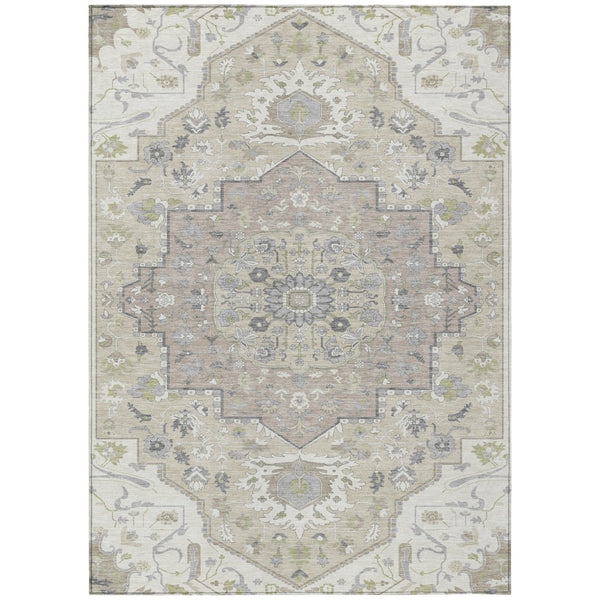 HomeRoots 5' Elegant Ivory Beige and Gray Oriental Washable Area Rug for Indoor and Outdoor Spaces 5' X 8' 596633