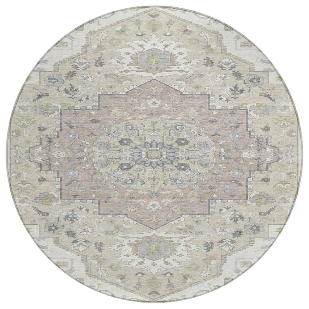 HomeRoots 5' Elegant Ivory Beige and Gray Oriental Washable Area Rug for Indoor and Outdoor Spaces 8' Round 596634