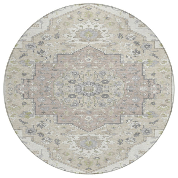 HomeRoots 5' Elegant Ivory Beige and Gray Oriental Washable Area Rug for Indoor and Outdoor Spaces 8' Round 596634