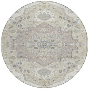 Homeroots 3' Artichoke Green Blue And Ivory Oriental Washable Area Rug For Indoor Or Outdoor Use, Durable Design 8' Round Polyester 596634
