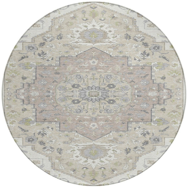 Homeroots 3' Artichoke Green Blue And Ivory Oriental Washable Area Rug For Indoor Or Outdoor Use, Durable Design 8' Round Polyester 596634