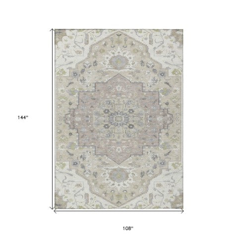 Homeroots 3' Artichoke Green Blue And Ivory Oriental Washable Area Rug For Indoor Or Outdoor Use, Durable Design 9' X 12' Polyester 596636