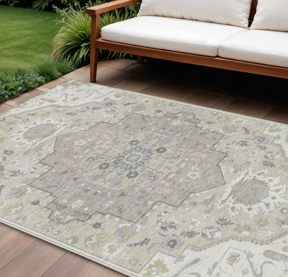 HomeRoots 9' X 12' Ivory Beige & Gray Oriental Area Rug - Stylish, Durable, Washable for Indoor & Outdoor Use 596636