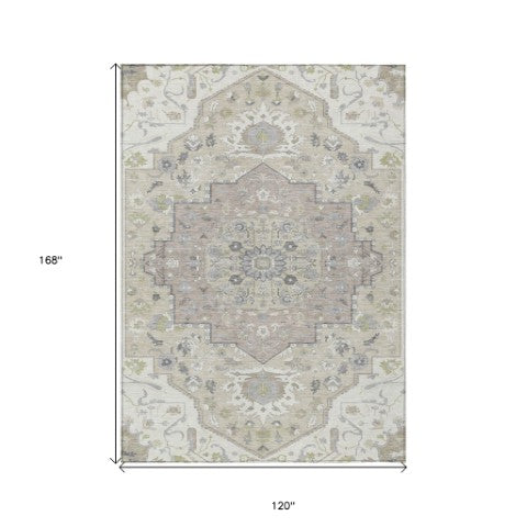 Homeroots 3' Artichoke Green Blue And Ivory Oriental Washable Area Rug For Indoor Or Outdoor Use, Durable Design 10' X 14' Polyester 596637