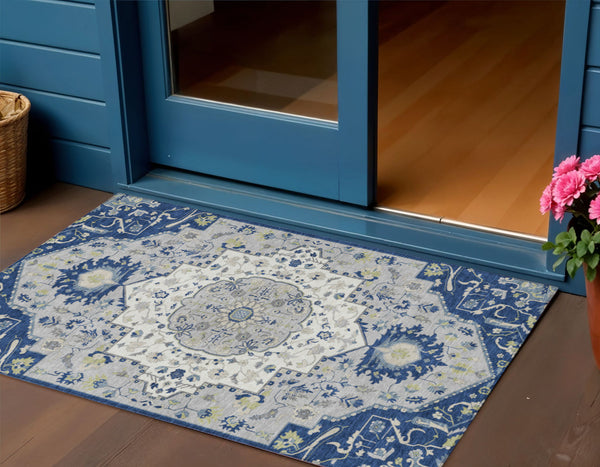 Homeroots 3' Artichoke Green Blue And Ivory Oriental Washable Area Rug For Indoor Or Outdoor Use, Durable Design 3' X 5' Polyester 596638