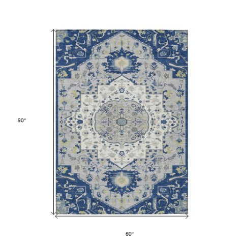 Homeroots 3' Artichoke Green Blue And Ivory Oriental Washable Area Rug For Indoor Or Outdoor Use, Durable Design 5' X 8' Polyester 596639