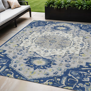 Homeroots 3' Artichoke Green Blue And Ivory Oriental Washable Area Rug For Indoor Or Outdoor Use, Durable Design 5' X 8' Polyester 596639