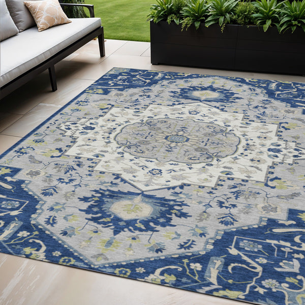 Homeroots 3' Artichoke Green Blue And Ivory Oriental Washable Area Rug For Indoor Or Outdoor Use, Durable Design 5' X 8' Polyester 596639