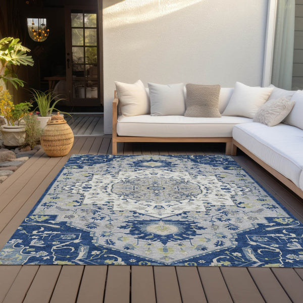 Homeroots 3' Artichoke Green Blue And Ivory Oriental Washable Area Rug For Indoor Or Outdoor Use, Durable Design 5' X 8' Polyester 596639