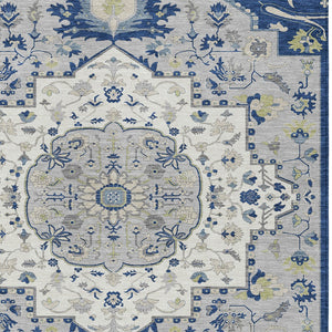 Homeroots 3' Artichoke Green Blue And Ivory Oriental Washable Area Rug For Indoor Or Outdoor Use, Durable Design 5' X 8' Polyester 596639