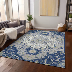 HomeRoots 5' Navy Blue Ivory and Gray Oriental Area Rug - Durable, Washable, Indoor/Outdoor Elegance for Any Space 5' X 8' 596639