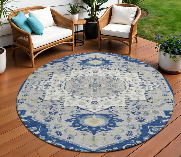 Homeroots 3' Artichoke Green Blue And Ivory Oriental Washable Area Rug For Indoor Or Outdoor Use, Durable Design 8' Round Polyester 596640