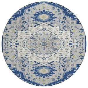 HomeRoots 5' Navy Blue Ivory and Gray Oriental Area Rug - Durable, Washable, Indoor/Outdoor Elegance for Any Space 8' Round 596640