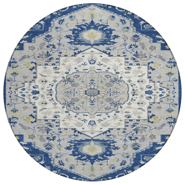 HomeRoots 5' Navy Blue Ivory and Gray Oriental Area Rug - Durable, Washable, Indoor/Outdoor Elegance for Any Space 8' Round 596640