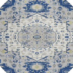 Homeroots 3' Artichoke Green Blue And Ivory Oriental Washable Area Rug For Indoor Or Outdoor Use, Durable Design 8' Round Polyester 596640