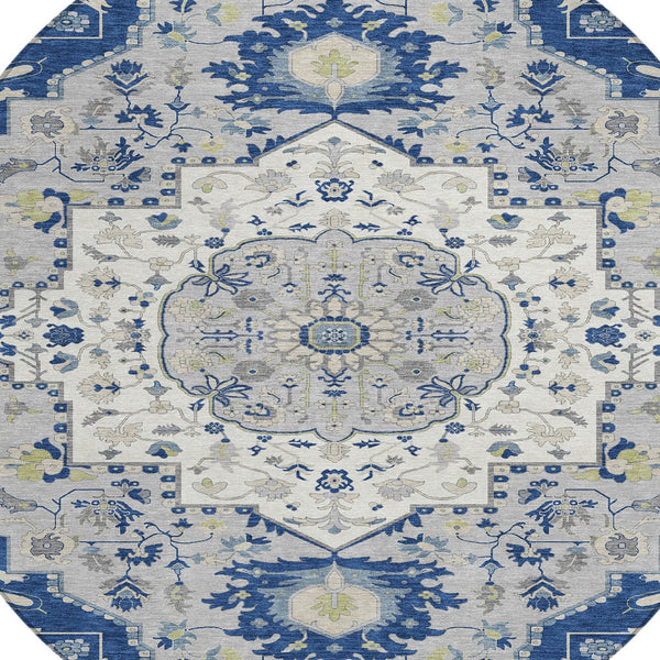 Homeroots 3' Artichoke Green Blue And Ivory Oriental Washable Area Rug For Indoor Or Outdoor Use, Durable Design 8' Round Polyester 596640