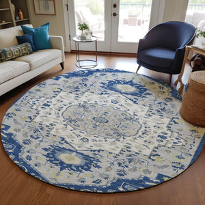 Homeroots 3' Artichoke Green Blue And Ivory Oriental Washable Area Rug For Indoor Or Outdoor Use, Durable Design 8' Round Polyester 596640