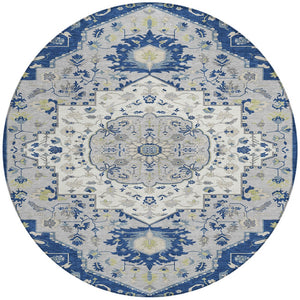 Homeroots 3' Artichoke Green Blue And Ivory Oriental Washable Area Rug For Indoor Or Outdoor Use, Durable Design 8' Round Polyester 596640
