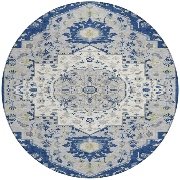 Homeroots 3' Artichoke Green Blue And Ivory Oriental Washable Area Rug For Indoor Or Outdoor Use, Durable Design 8' Round Polyester 596640