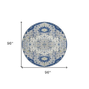 Homeroots 3' Artichoke Green Blue And Ivory Oriental Washable Area Rug For Indoor Or Outdoor Use, Durable Design 8' Round Polyester 596640