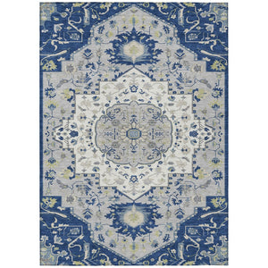HomeRoots 5' Navy Blue Ivory and Gray Oriental Area Rug - Durable, Washable, Indoor/Outdoor Elegance for Any Space 8' X 10' 596641